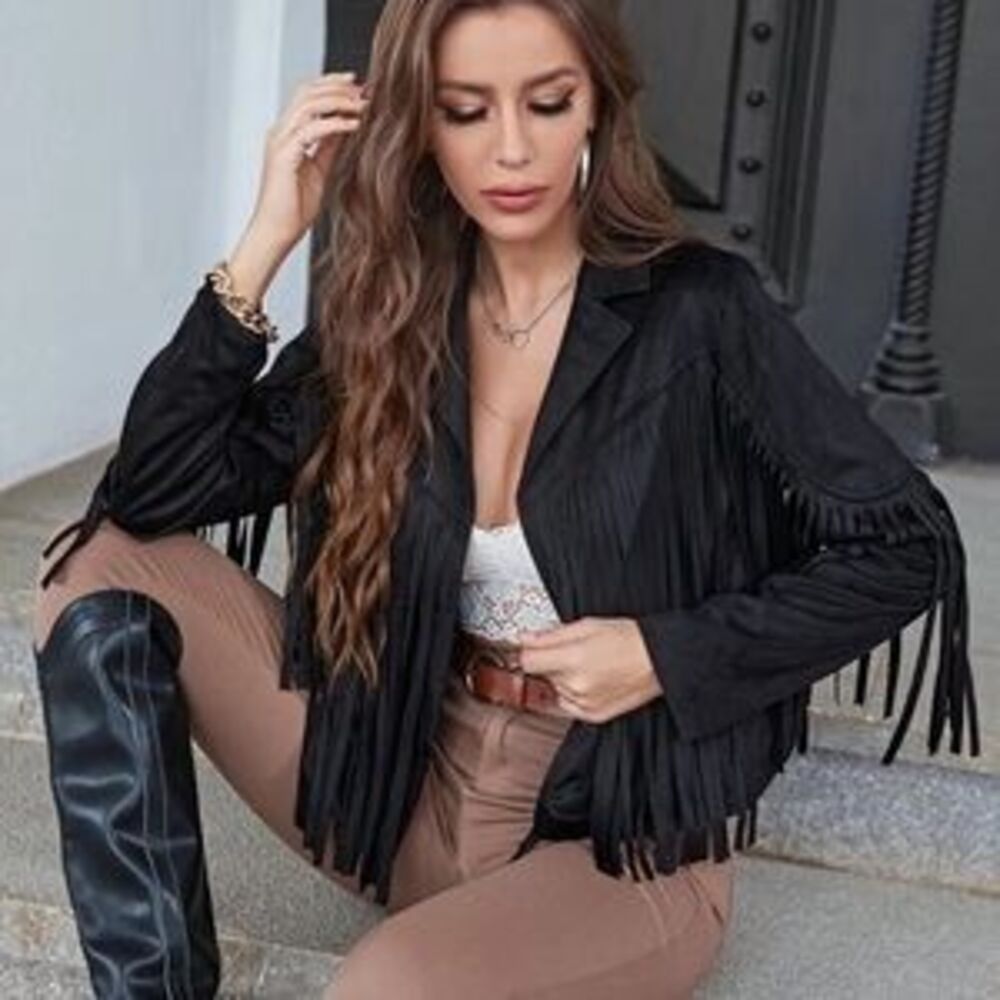 Black Tassel suede women fringe jacket long sleeve jacket boho festival - Picture 2 of 5